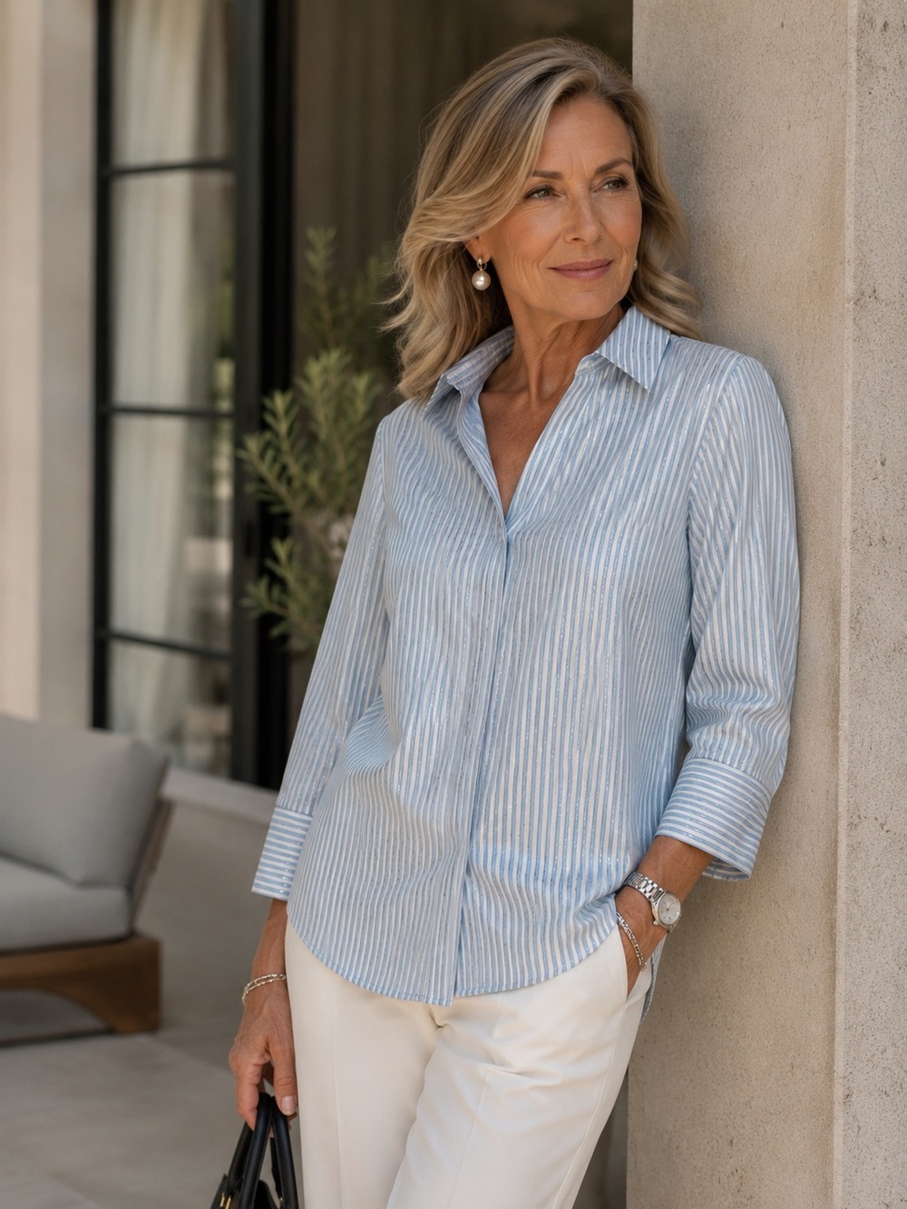 Chico's Light Blue and White Striped Button Down Blouse